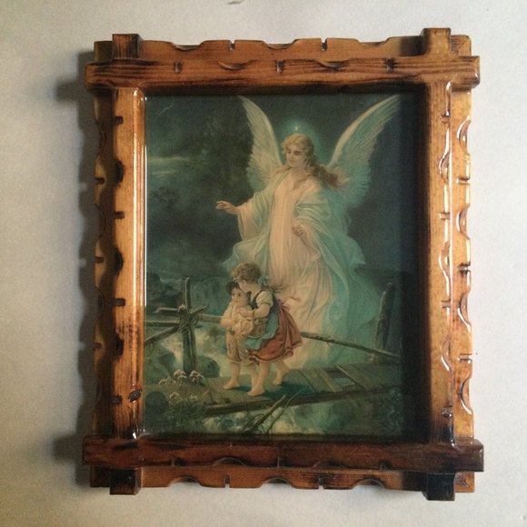 vintage wall hanging wood framed print on board children angel - Picture 1 of 5